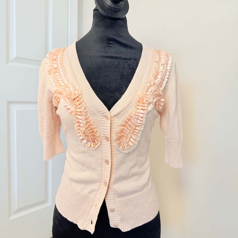 Ballerina NY Collection Pink Babydoll 3/4 Sleeve Cardigan Lace Ruffles Y2K SZ M
